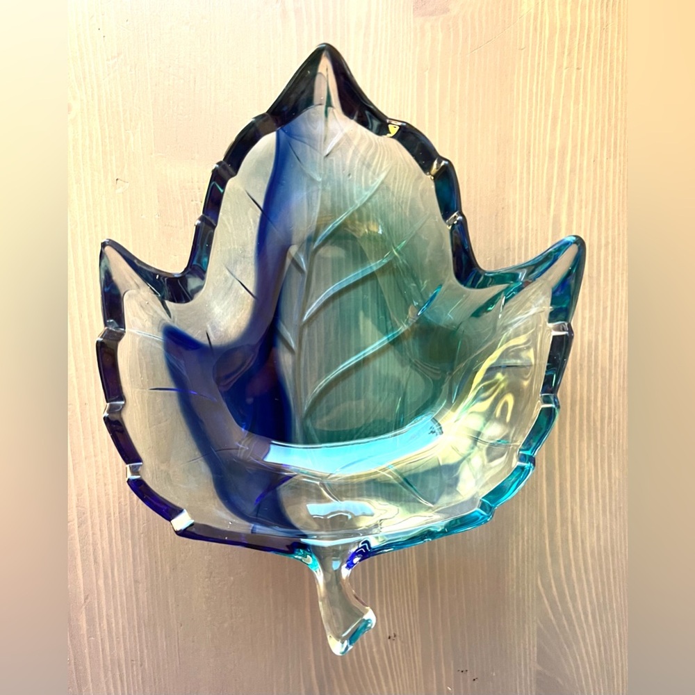 Vintage 1970s Studio Nova Blue Glass  Maple Leaf Candy Dish. Made in Jap…